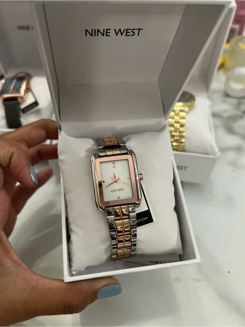 Nine West Two-Tone Rose Gold and Silver Rectangular Link Watch